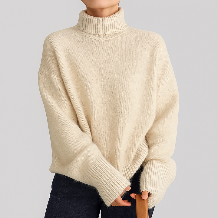 Pull à col roulé pour femme, coupe décontractée, avec poignets côtelés