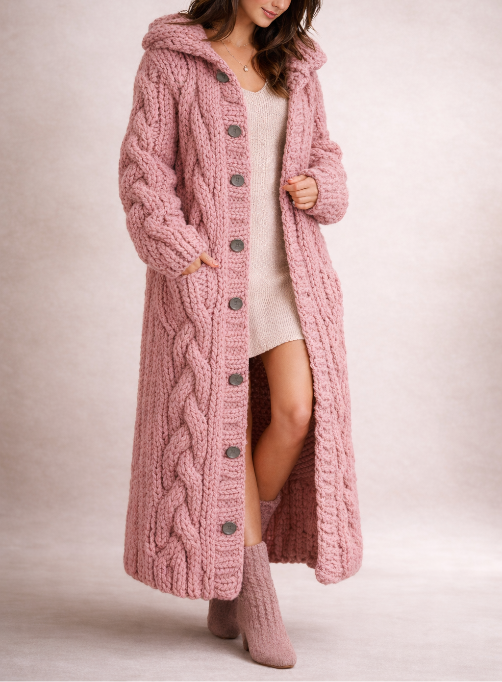 Women's Chunky Knit Maxi Cardigan with Hood