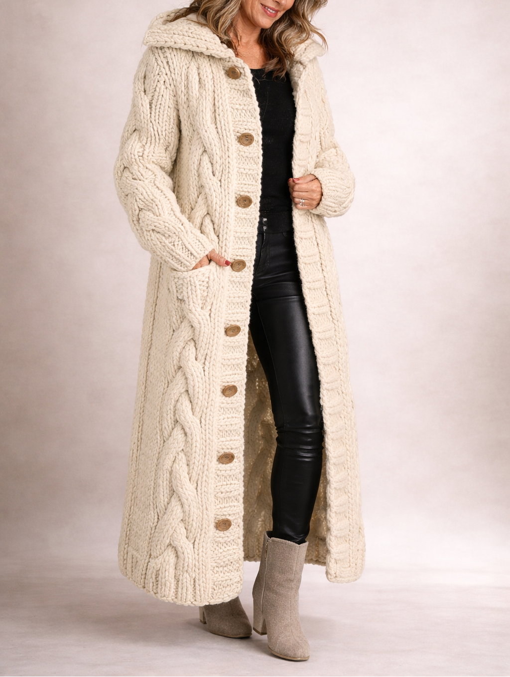Women's Chunky Knit Maxi Cardigan with Hood