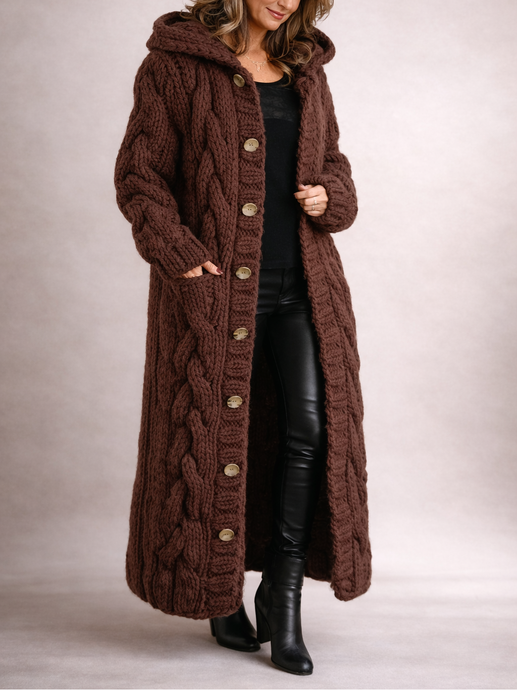 Women's Chunky Knit Maxi Cardigan with Hood