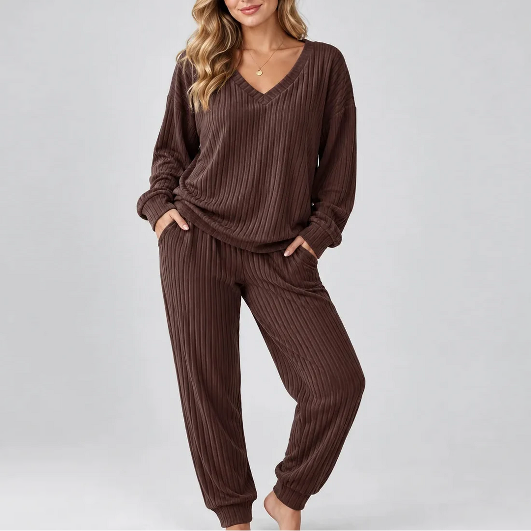 Women's Ribbed V-Neck Set with Side Pockets