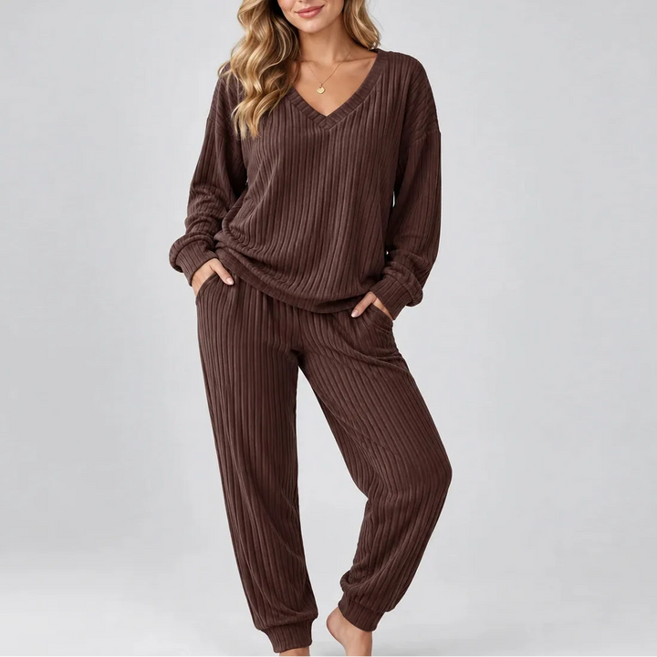 Women's Ribbed V-Neck Set with Side Pockets