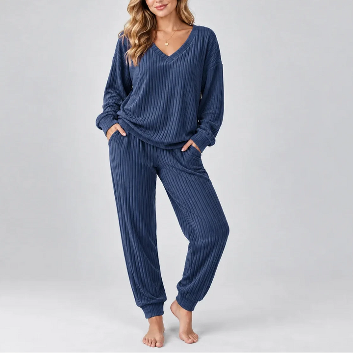Women's Ribbed V-Neck Set with Side Pockets