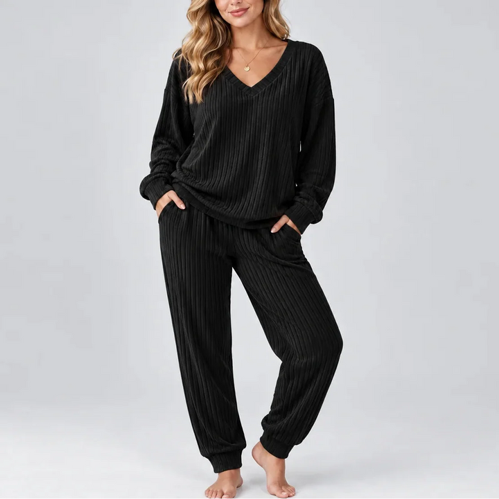 Women's Ribbed V-Neck Set with Side Pockets
