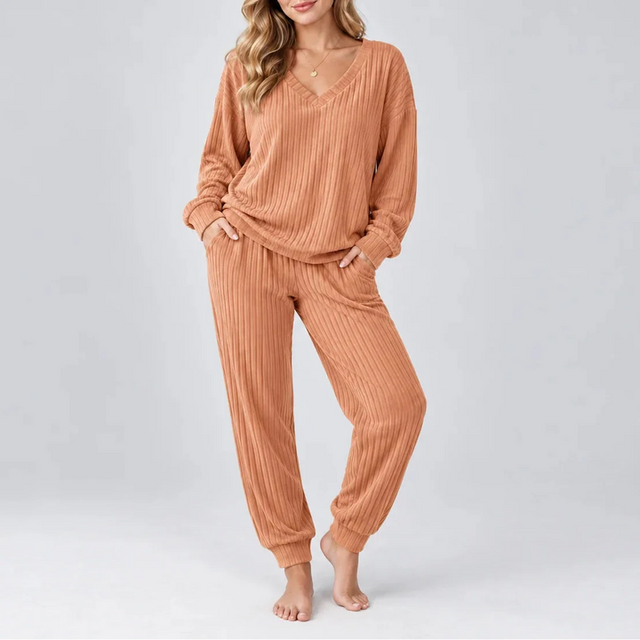 Women's Ribbed V-Neck Set with Side Pockets