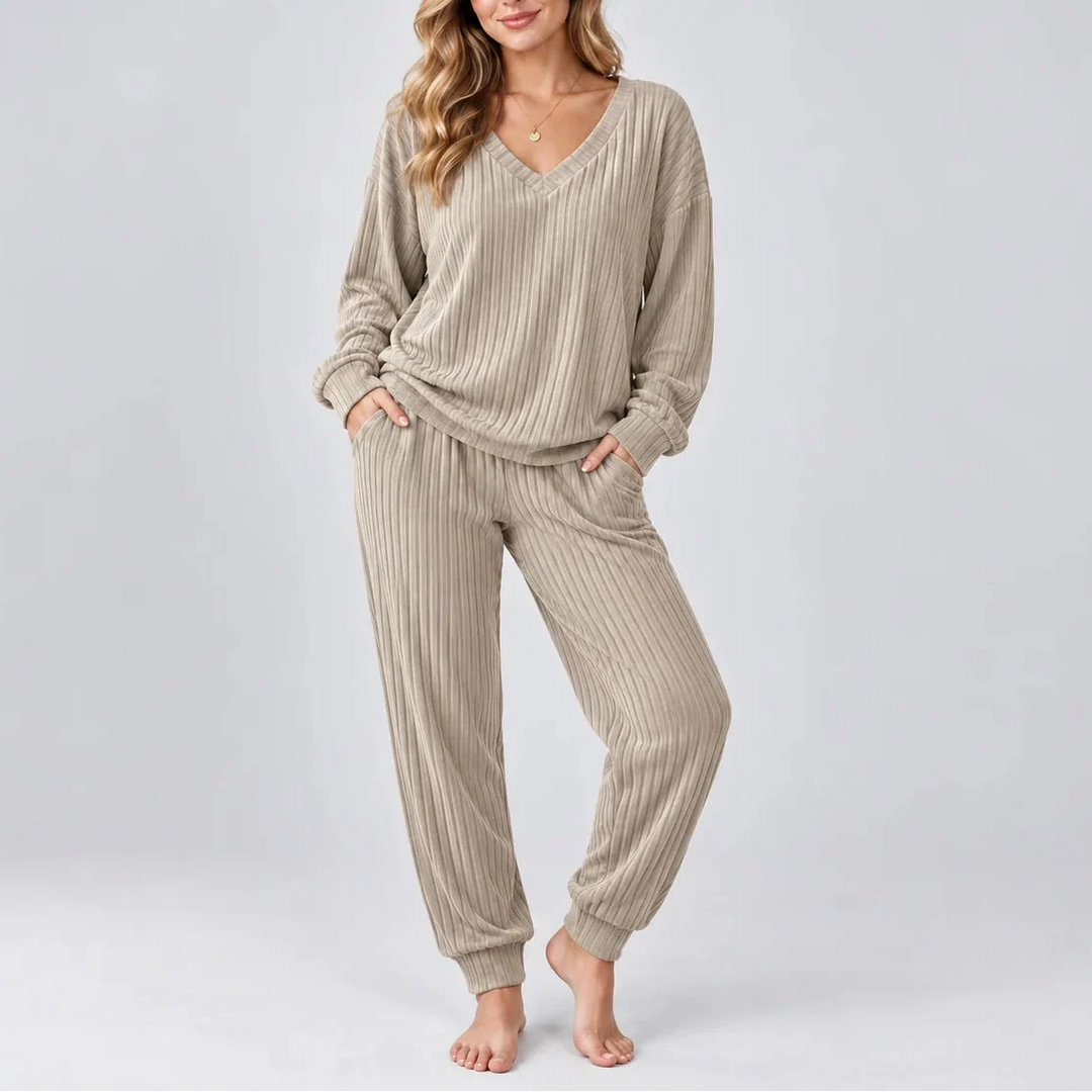 Women's Ribbed V-Neck Set with Side Pockets