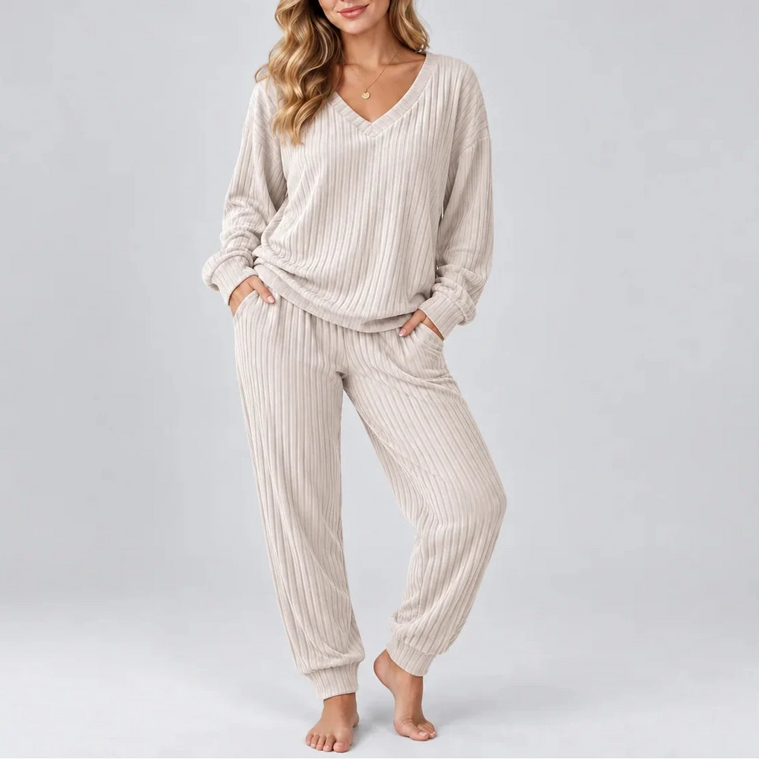 Women's Ribbed V-Neck Set with Side Pockets