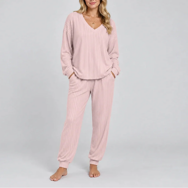 Women's Ribbed V-Neck Set with Side Pockets