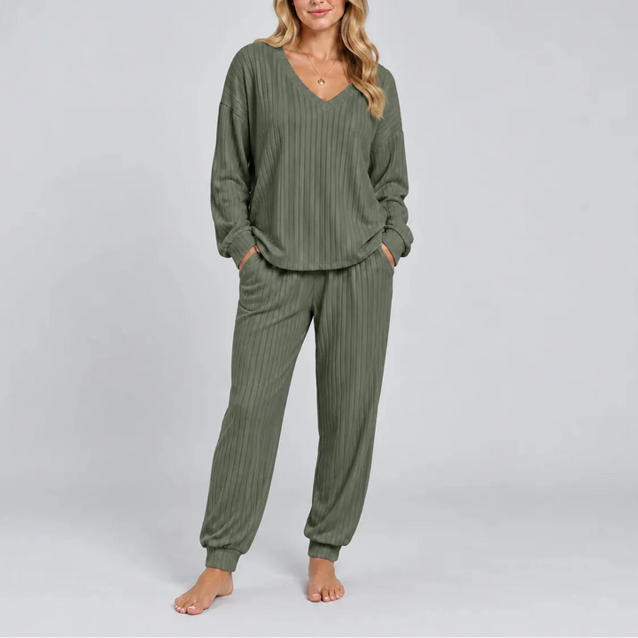 Women's Ribbed V-Neck Set with Side Pockets
