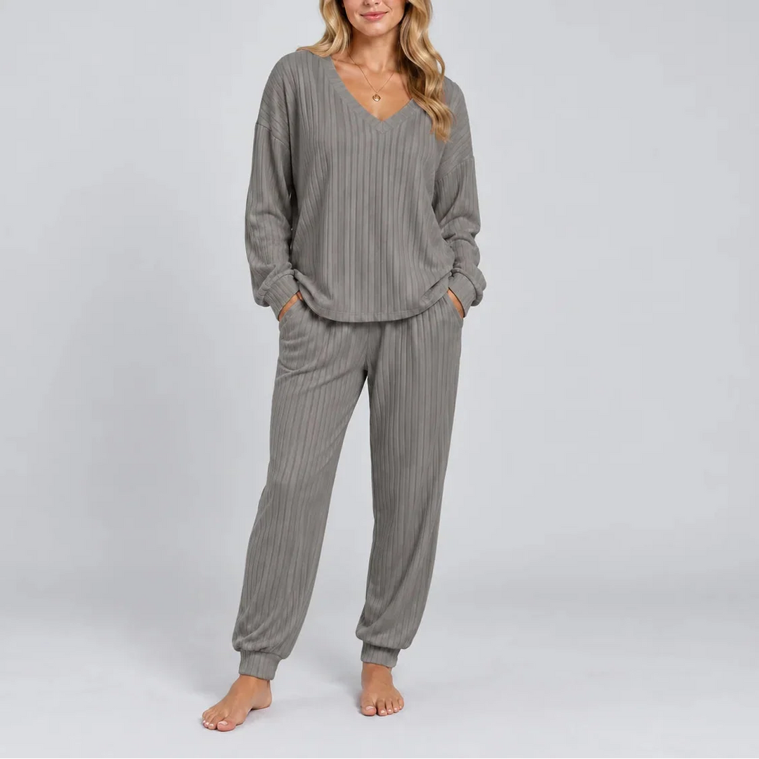 Women's Ribbed V-Neck Set with Side Pockets