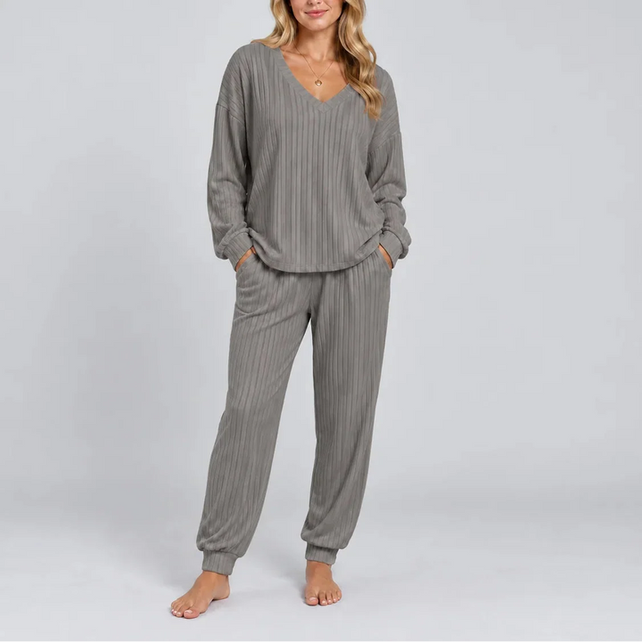Women's Ribbed V-Neck Set with Side Pockets