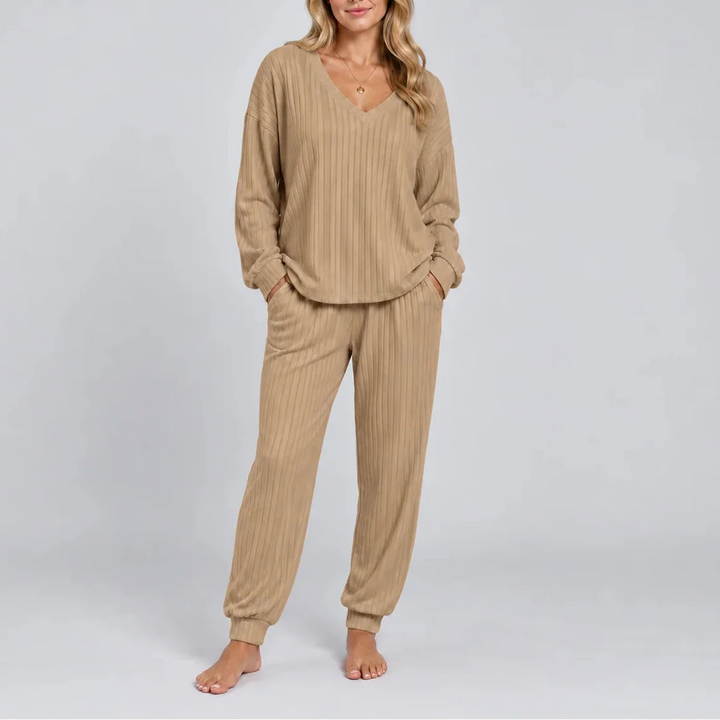 Women's Ribbed V-Neck Set with Side Pockets