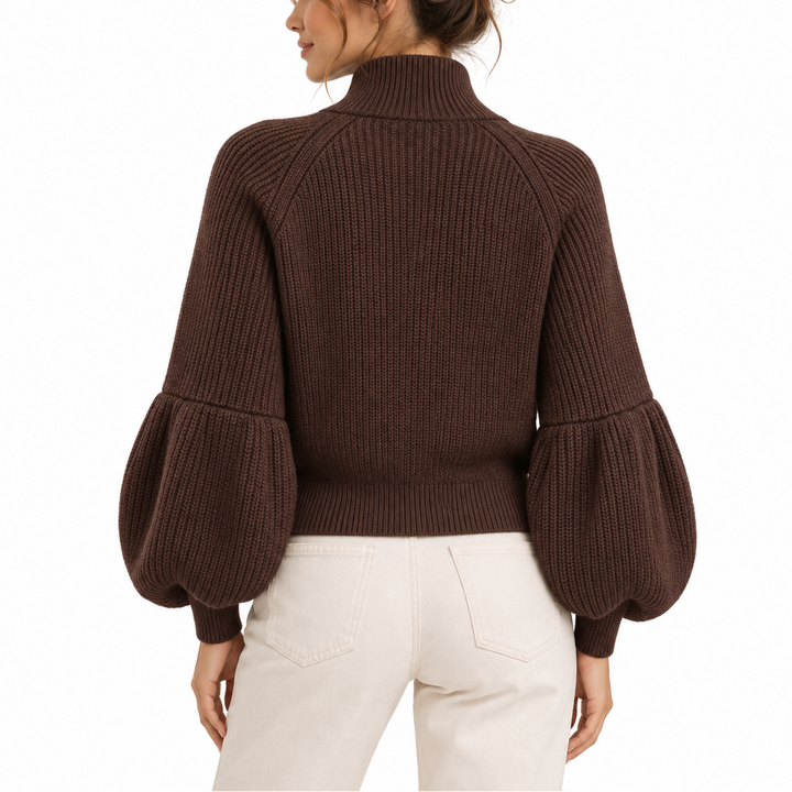Women's Cropped Knit Cardigan with Puff Sleeves