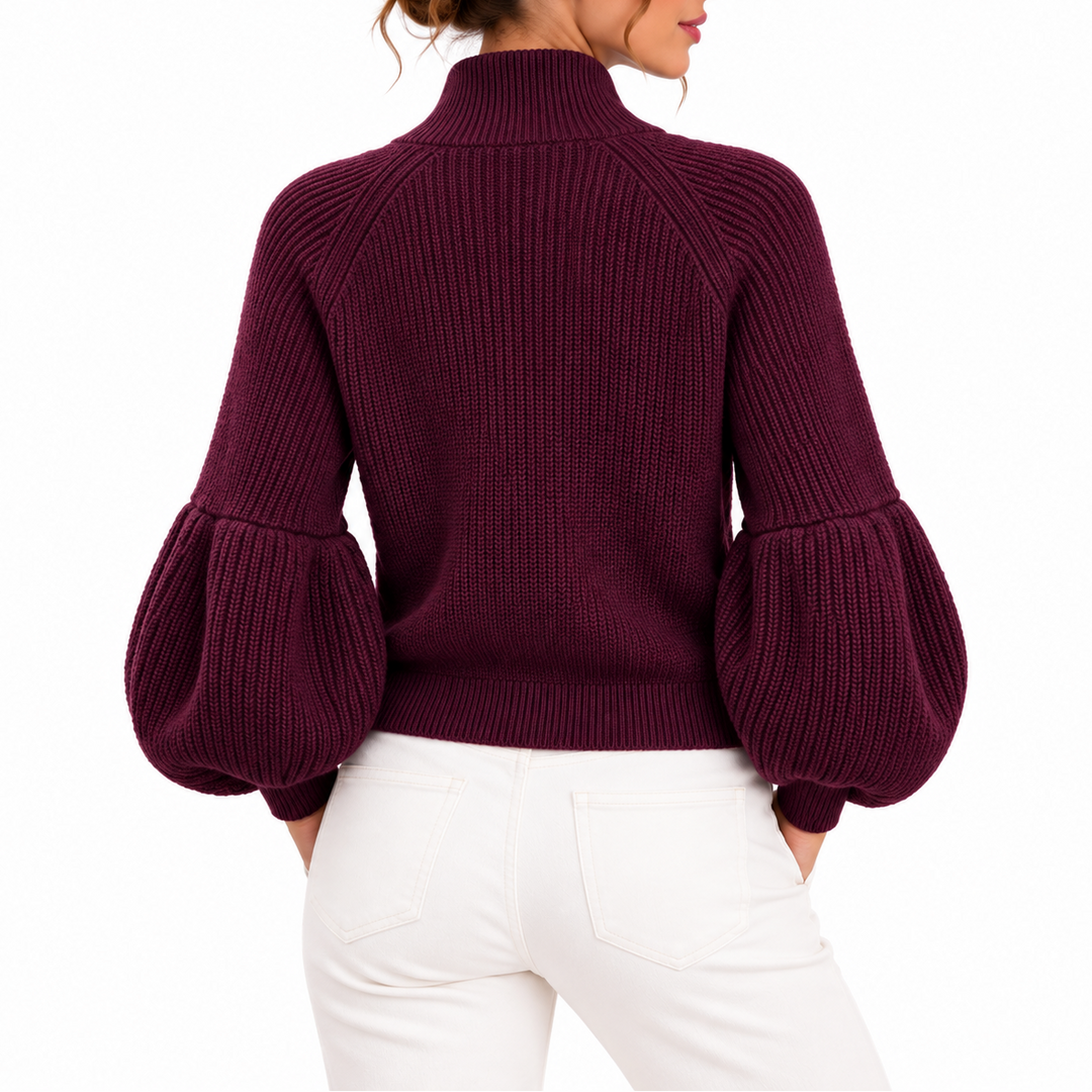 Women's Cropped Knit Cardigan with Puff Sleeves