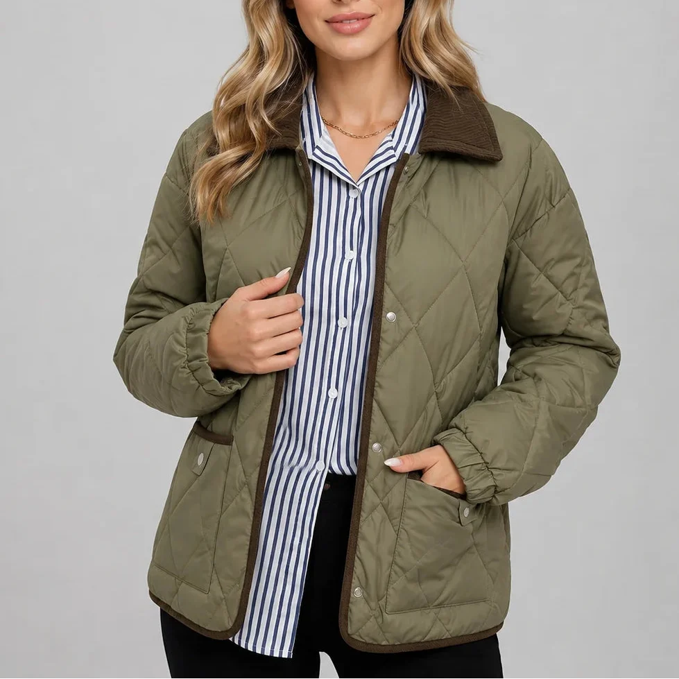 Women's Diamond Quilted Jacket with Corduroy Collar