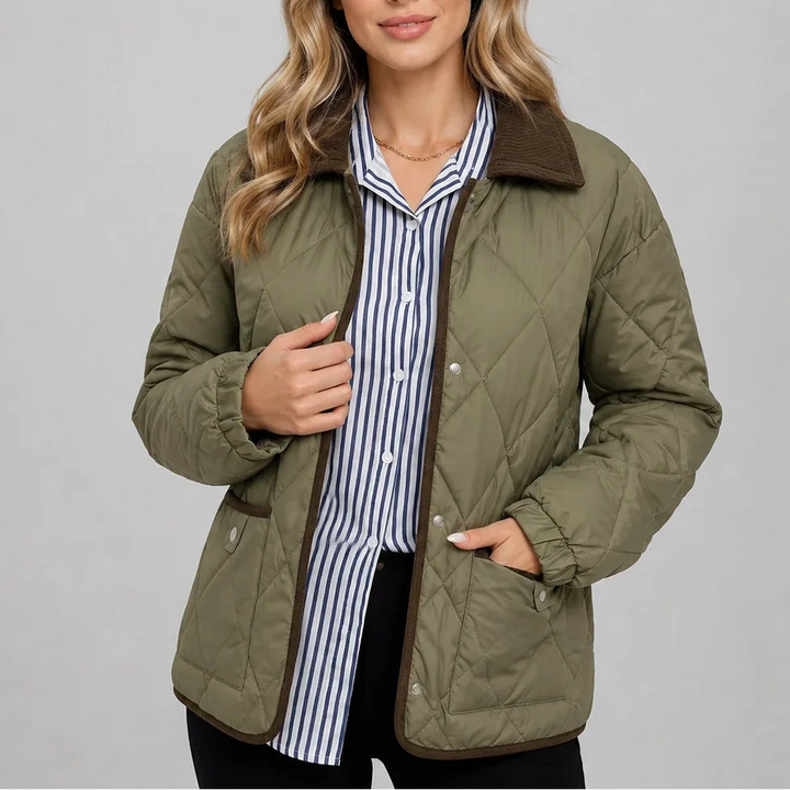 Women's Diamond Quilted Jacket with Corduroy Collar