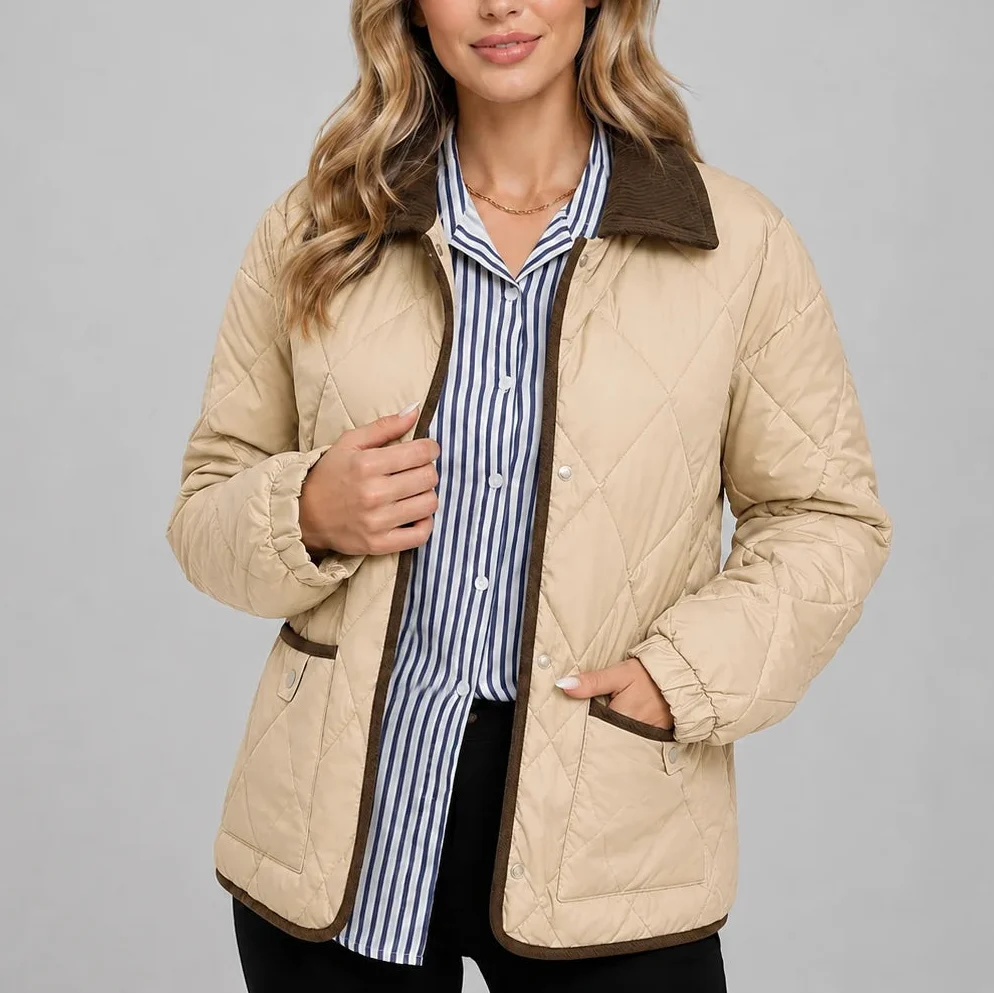 Women's Diamond Quilted Jacket with Corduroy Collar