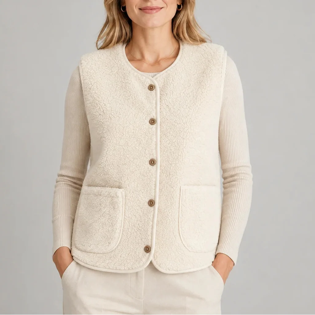 Gilet en polaire teddy pour femme, boutonné, avec poches plaquées