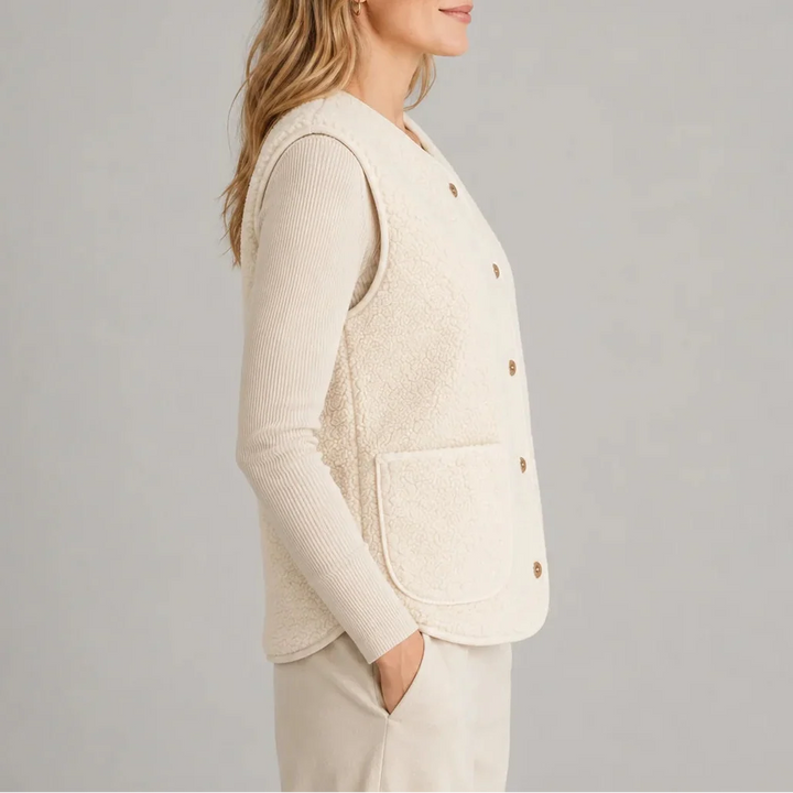 Gilet en polaire teddy pour femme, boutonné, avec poches plaquées