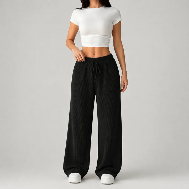 Women's Ribbed Wide Leg Lounge Pants with Drawstring Waist