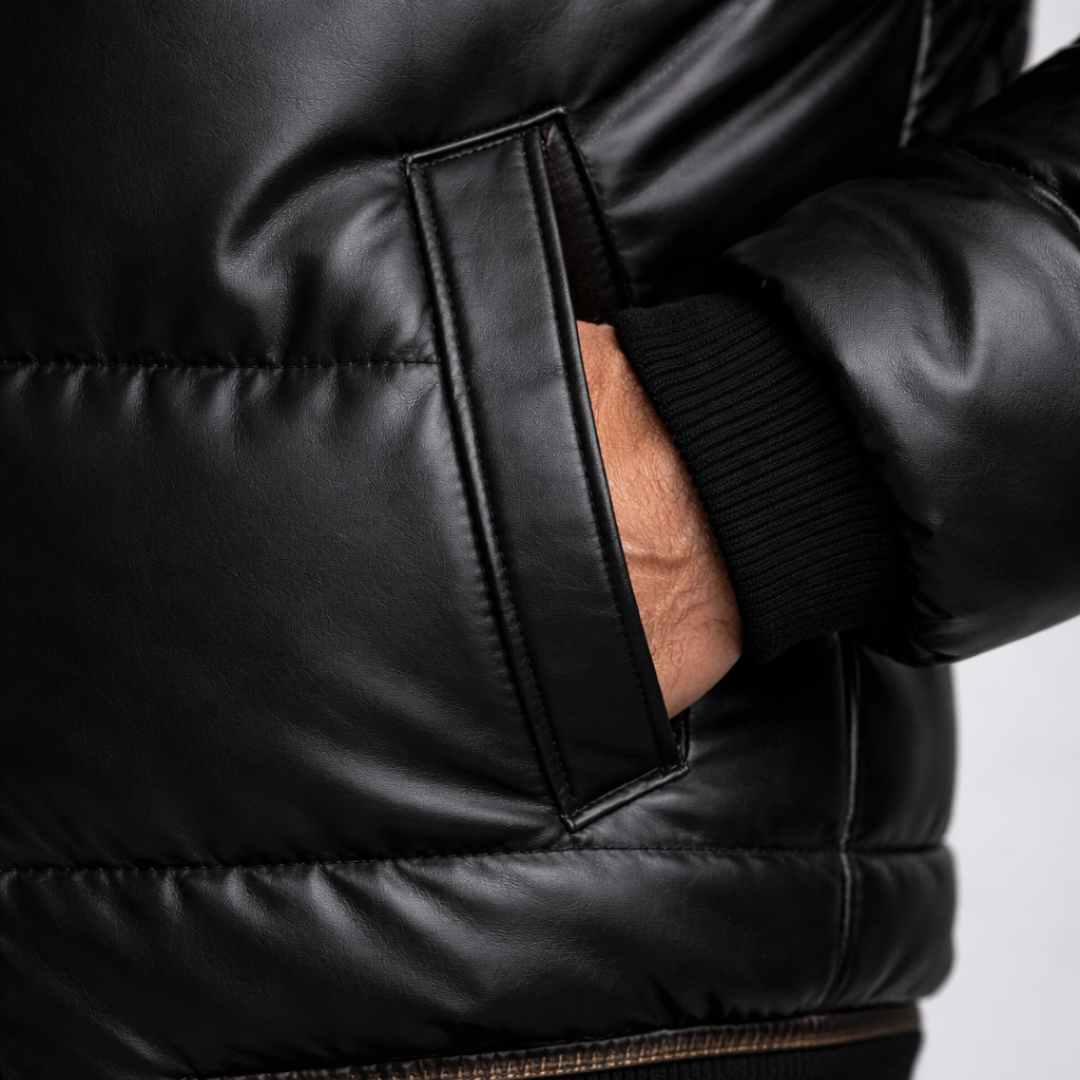 Doudoune pour homme en similicuir avec col en fausse fourrure