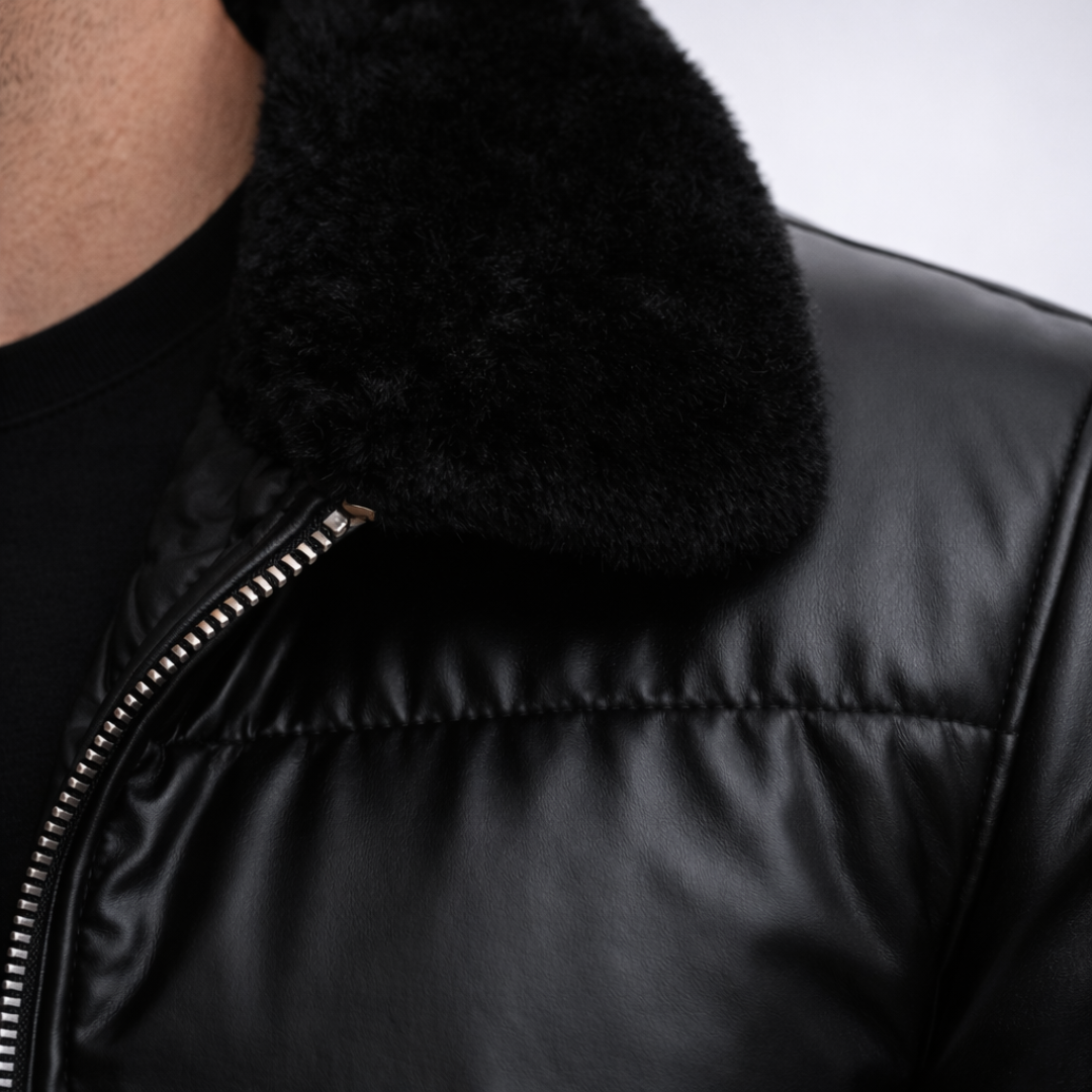 Doudoune pour homme en similicuir avec col en fausse fourrure