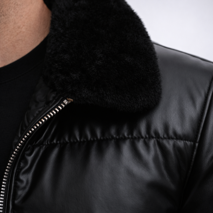 Doudoune pour homme en similicuir avec col en fausse fourrure