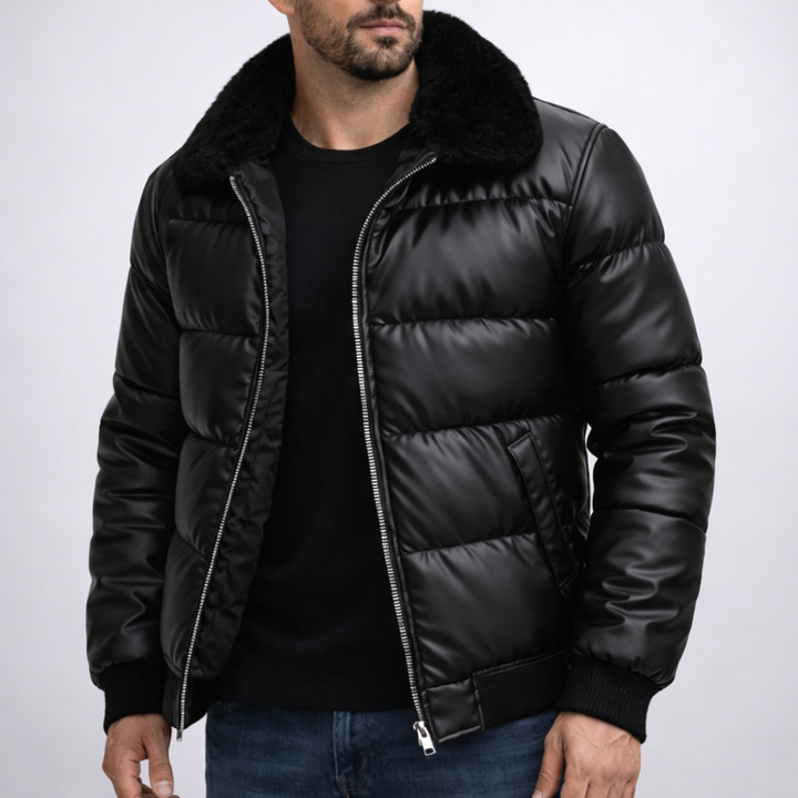 Doudoune pour homme en similicuir avec col en fausse fourrure