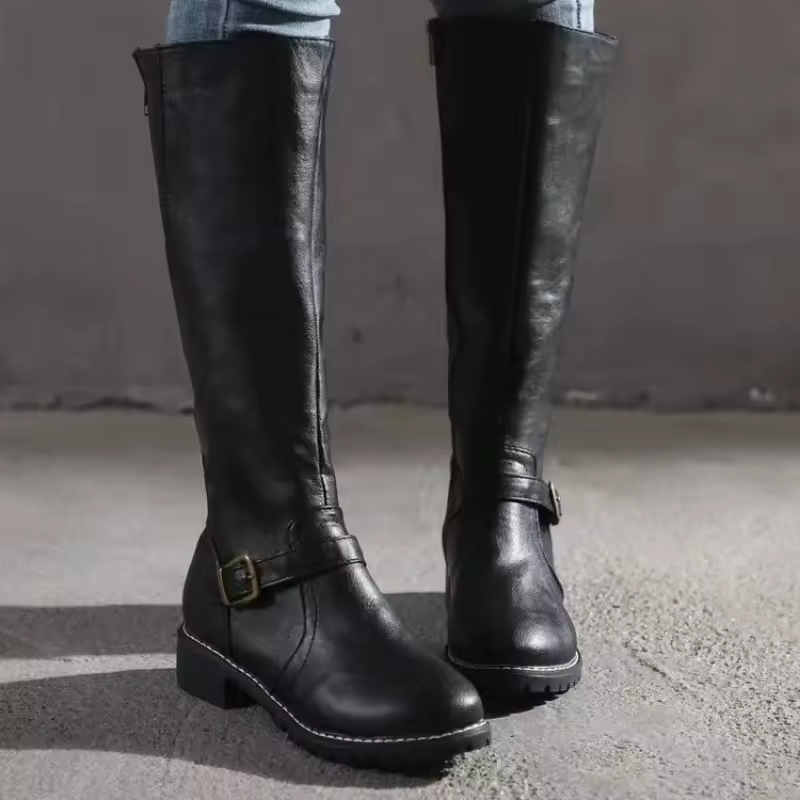 Women's Leather Knee High Boots with Buckle Strap
