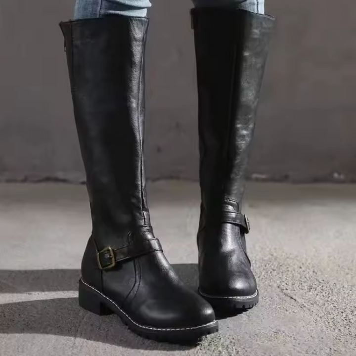 Women's Leather Knee High Boots with Buckle Strap