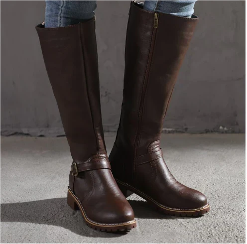 Women's Leather Knee High Boots with Buckle Strap