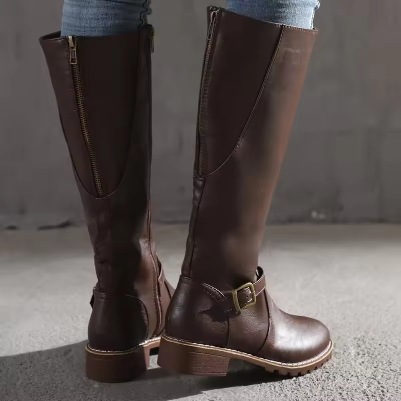Women's Leather Knee High Boots with Buckle Strap