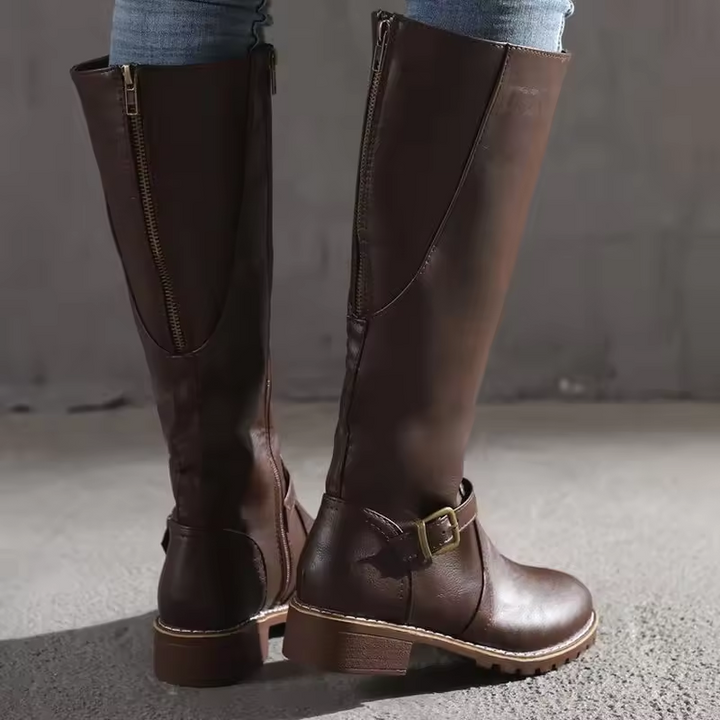 Women's Leather Knee High Boots with Buckle Strap