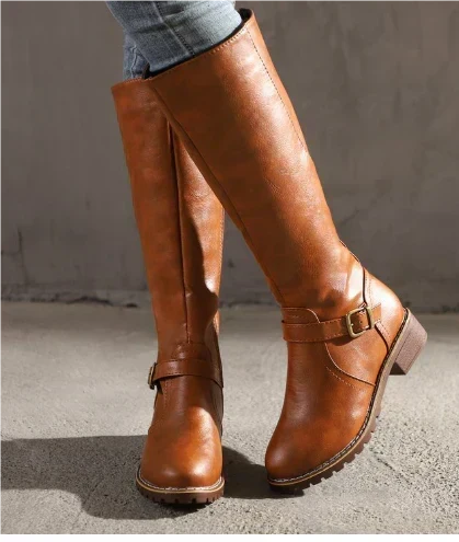 Women's Leather Knee High Boots with Buckle Strap