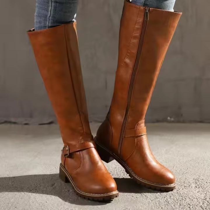 Women's Leather Knee High Boots with Buckle Strap