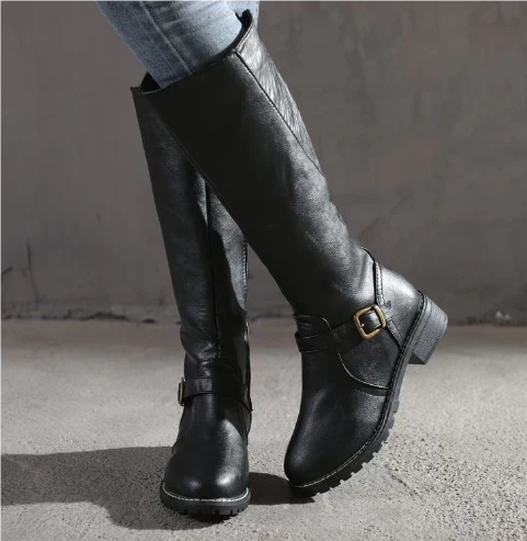 Women's Leather Knee High Boots with Buckle Strap