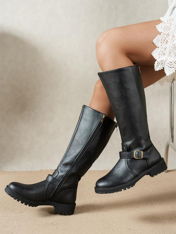Women's Leather Knee High Boots with Buckle Strap