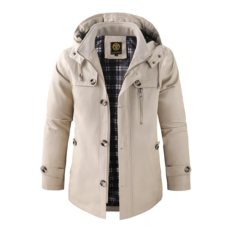 Men's Hooded Mid-Length Winter Coat with Button-Front Closure