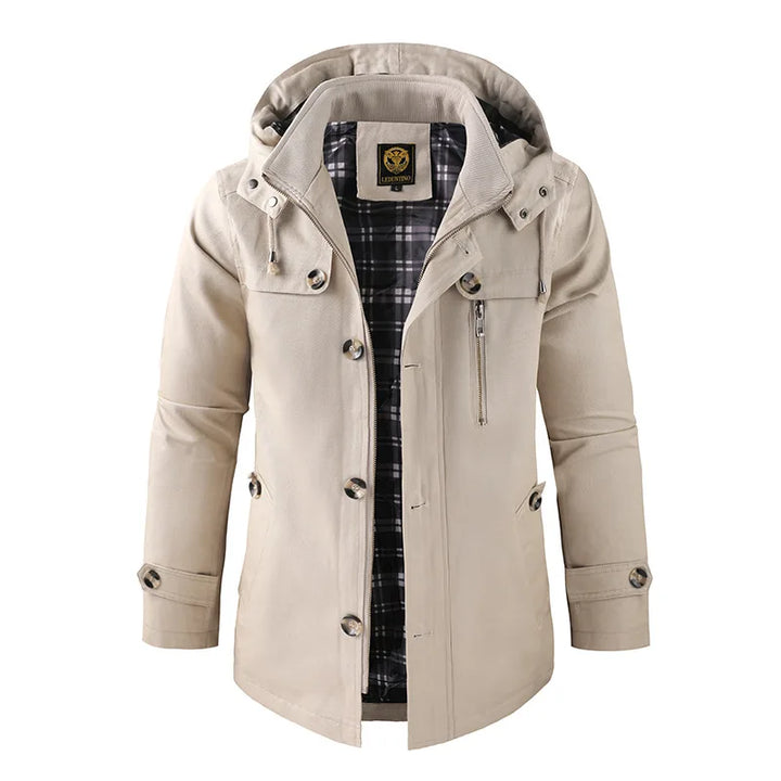 Men's Hooded Mid-Length Winter Coat with Button-Front Closure