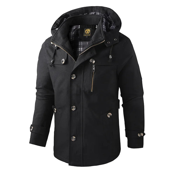 Men's Hooded Mid-Length Winter Coat with Button-Front Closure
