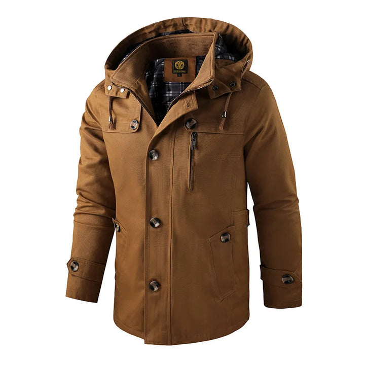 Men's Hooded Mid-Length Winter Coat with Button-Front Closure