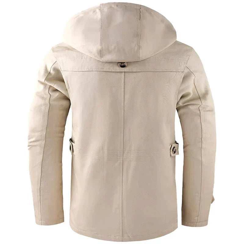 Men's Hooded Mid-Length Winter Coat with Button-Front Closure