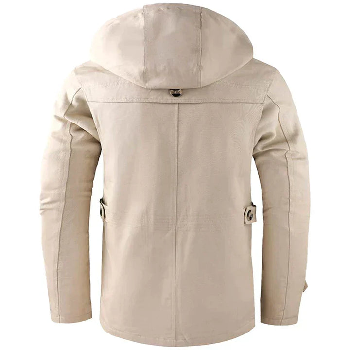 Men's Hooded Mid-Length Winter Coat with Button-Front Closure