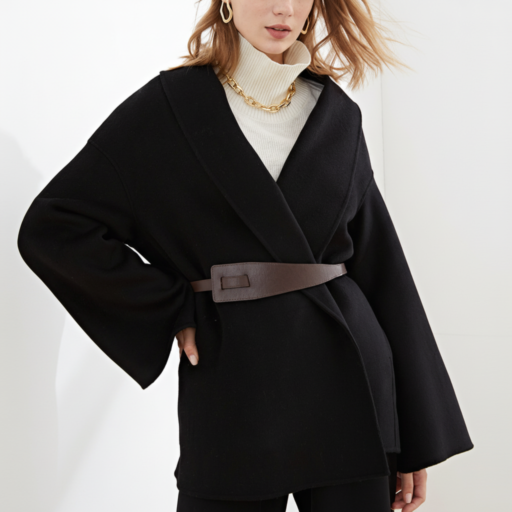 Women's Wide Lapel Wrap Coat with Tie Belt