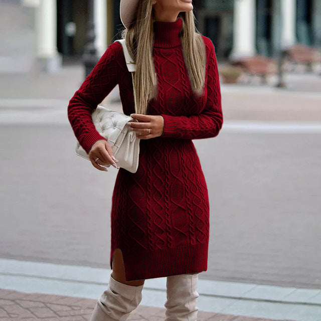 Women's Cable-Knit Turtleneck Sweater Dress with Long Sleeves