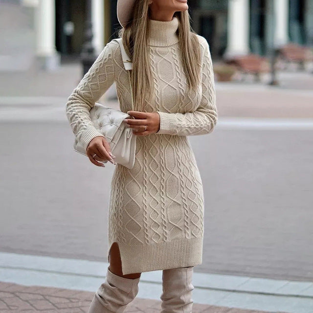 Women's Cable-Knit Turtleneck Sweater Dress with Long Sleeves
