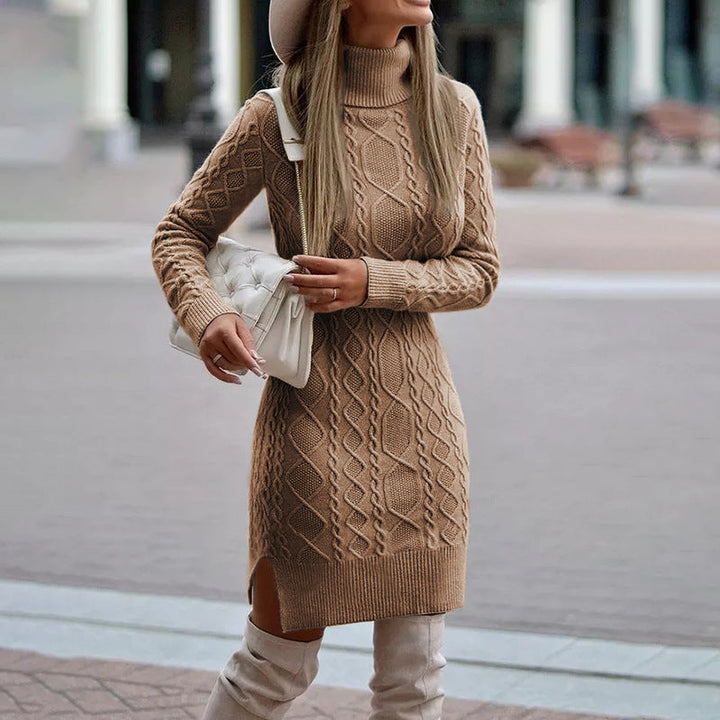 Women's Cable-Knit Turtleneck Sweater Dress with Long Sleeves