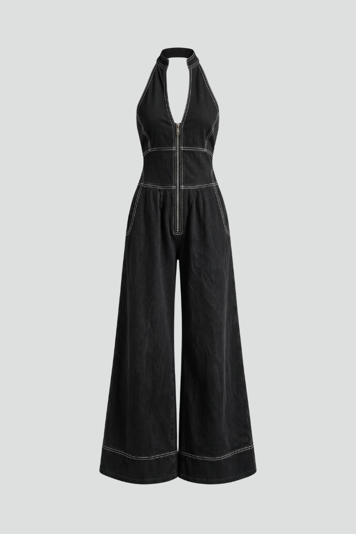 Women's Halter Neck Wide Leg Jumpsuit with Contrast Stitching