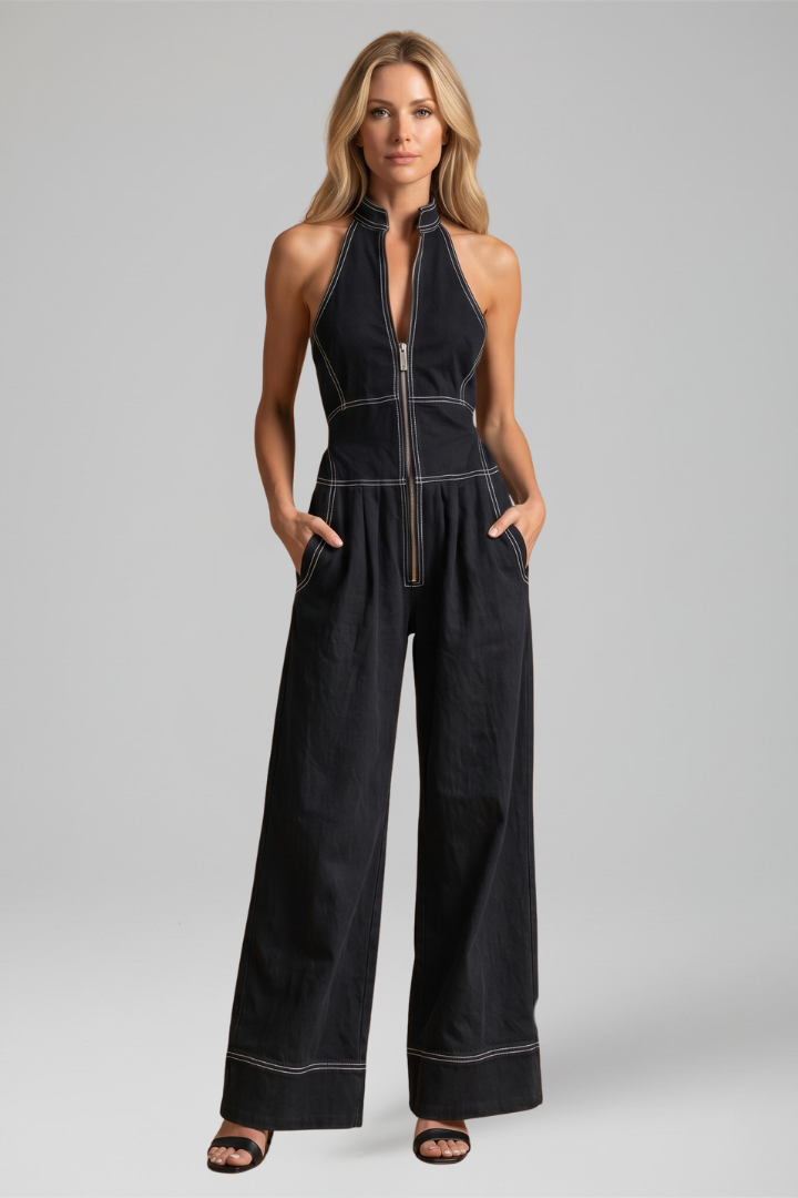 Women's Halter Neck Wide Leg Jumpsuit with Contrast Stitching