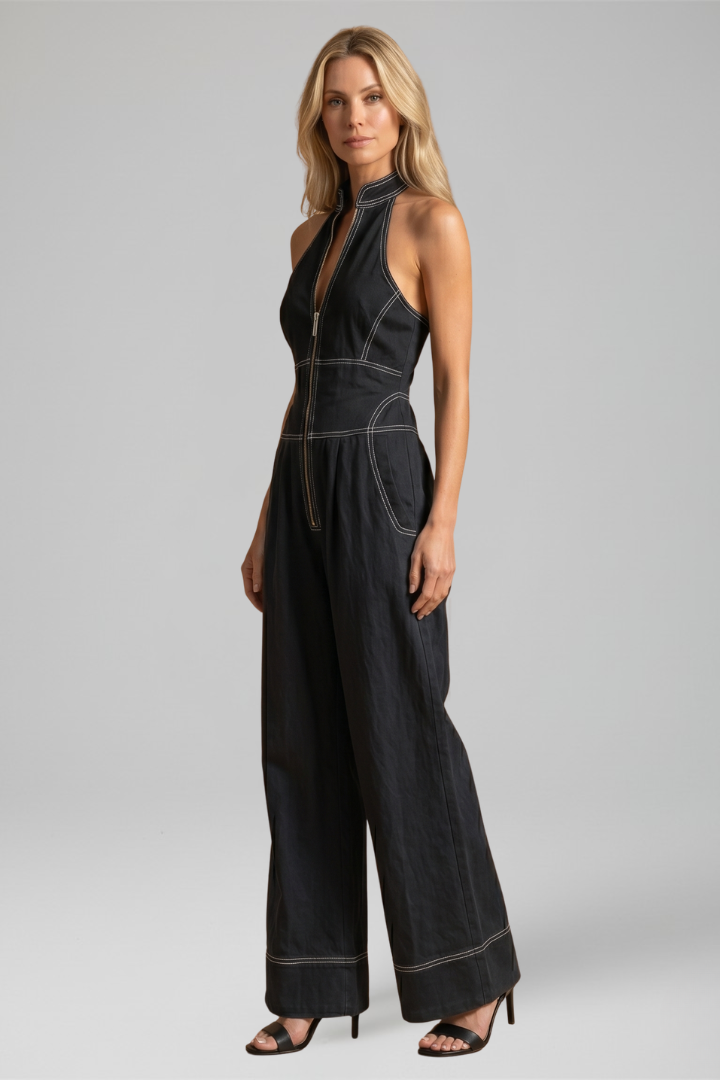 Women's Halter Neck Wide Leg Jumpsuit with Contrast Stitching
